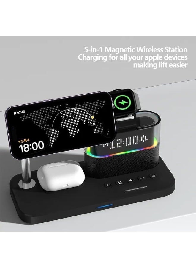5-in-1 Magnetic Wireless Charging Station with Digital Alarm Clock & RGB Night Light - MagSafe Compatible Fast Charger for iPhone 17/16/15/14/13/12, Apple Watch Ultra/11/10 & AirPods Pro - Desktop Organizer Dock with Snooze & Dimmable LED - Image 4